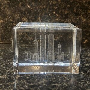 World Trade Center NYC Twin Towers Etched Glass 3D Memorial Paperweight